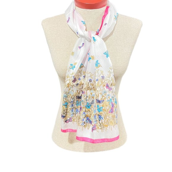 Unbranded Accessories - Butterfly Scarf Pink White Multicolor Long Rectangular 11 x 53 Vintage Polyester